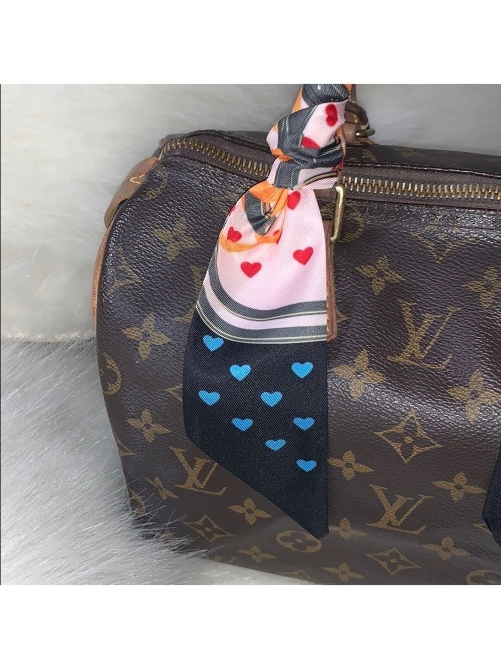 BLACK PINK HEART SKINNY SCARF BAG HANDLE WRAP BANDEAU HAIR TIE LOVE PRINT - Picture 5 of 7